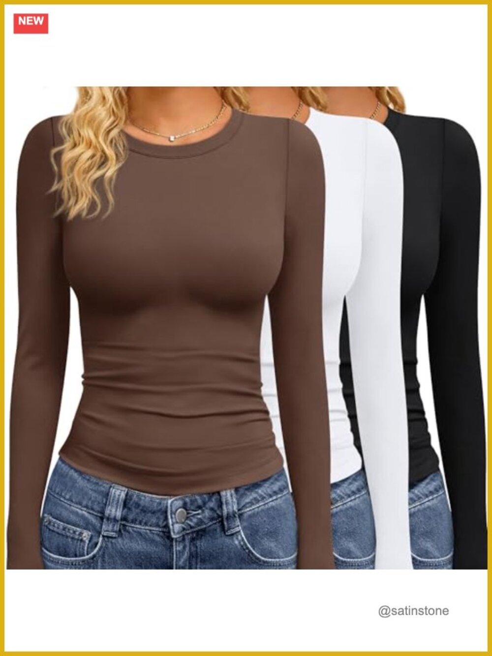 3 Pack Women's Long Sleeve Tight Fit Crew Neck Polyester Spandex T-Shirts